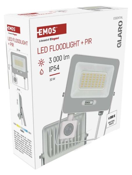 EMOS LED reflektor GLARO s pohybovým čidlem, 30 W, bílý, IP54, 3000 lm, neutrální bílá 1531233401