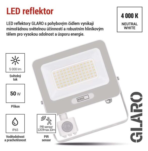 EMOS LED reflektor GLARO s pohybovým čidlem, 50 W, bílý, IP54, 5000 lm, neutrální bílá 1531234401
