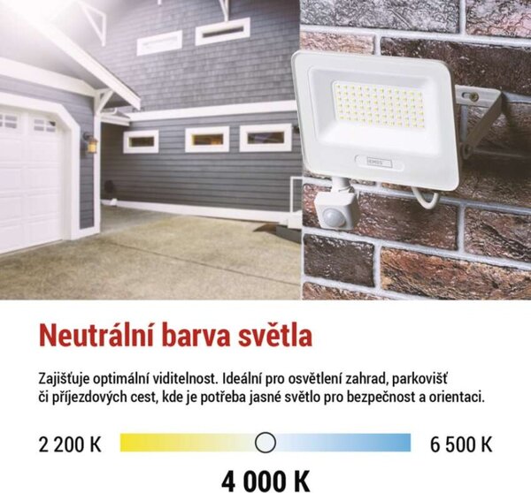EMOS LED reflektor GLARO s pohybovým čidlem, 50 W, bílý, IP54, 5000 lm, neutrální bílá 1531234401