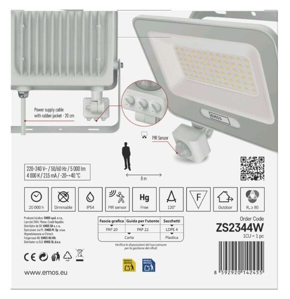 EMOS LED reflektor GLARO s pohybovým čidlem, 50 W, bílý, IP54, 5000 lm, neutrální bílá 1531234401