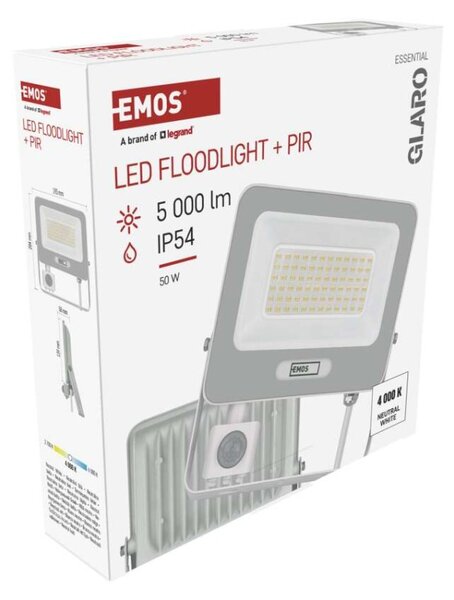 EMOS LED reflektor GLARO s pohybovým čidlem, 50 W, bílý, IP54, 5000 lm, neutrální bílá 1531234401