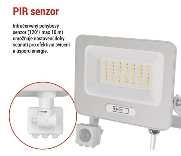 EMOS LED reflektor GLARO s pohybovým čidlem, 50 W, bílý, IP54, 5000 lm, neutrální bílá 1531234401