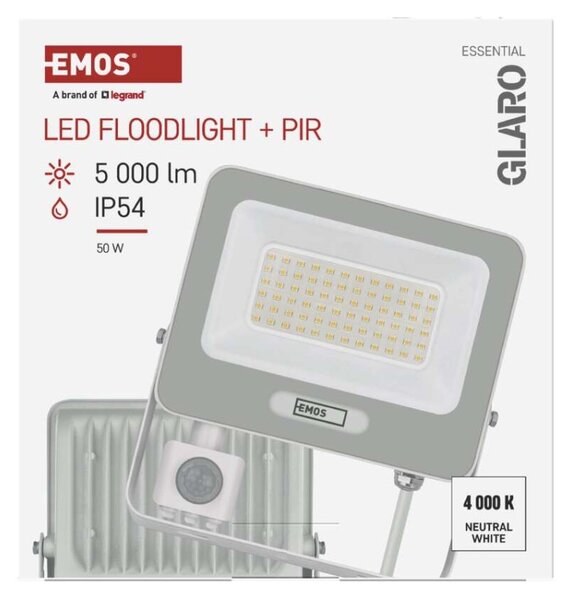 EMOS LED reflektor GLARO s pohybovým čidlem, 50 W, bílý, IP54, 5000 lm, neutrální bílá 1531234401