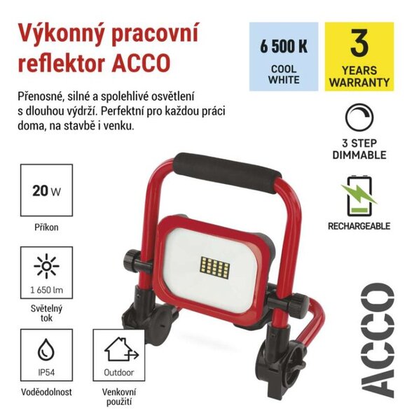 EMOS LED reflektor ACCO nabíjecí přenosný, 20W, studená bílá 1542032000