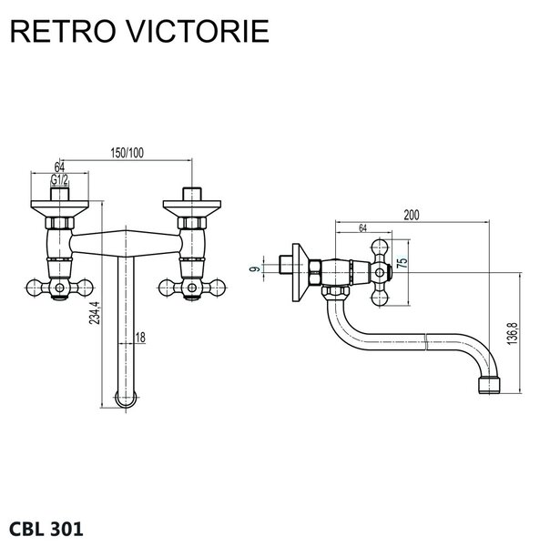 Mereo Mereo, Dřezová nástěnná baterie, Retro Viktorie, s ramínkem trubkovým pr. 18 mm - 200 mm, CBL301