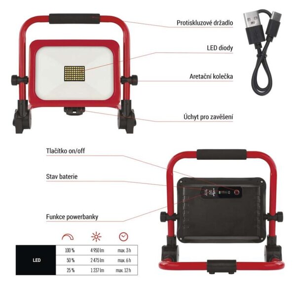 EMOS LED reflektor ACCO nabíjecí přenosný, 50W, studená bílá 1542035000