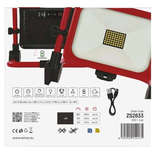 EMOS LED reflektor ACCO nabíjecí přenosný, 50W, studená bílá 1542035000