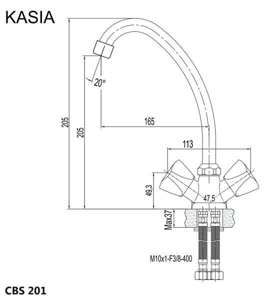 Mereo Mereo, Dřezová stojánková baterie, Kasia, výška 250 mm, chrom, CBS201