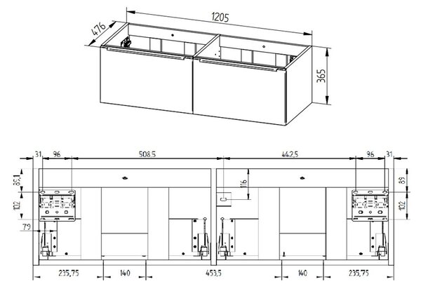 Mereo Mereo, Mailo, koupelnová skříňka 121 cm, bílá, dub, antracit, CN518S