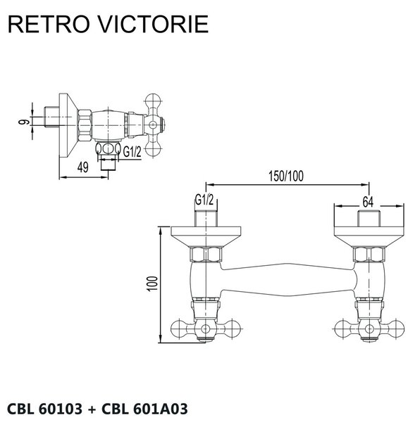Mereo Mereo, Sprchová nástěnná baterie, Retro Viktorie, bez příslušenství, chrom, CBL60103