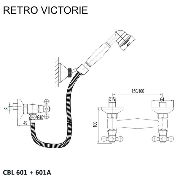 Mereo Mereo, Sprchová nástěnná baterie, Retro Viktorie, s příslušenstvím, chrom, CBL601