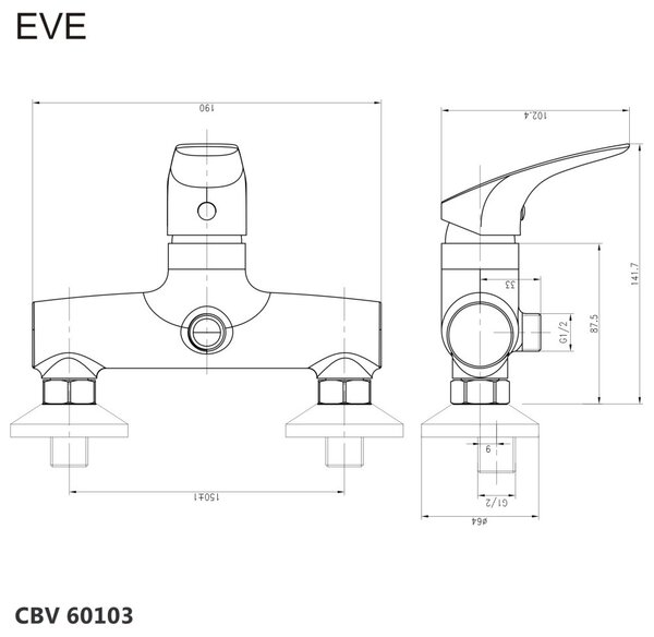 Mereo Mereo, Sprchová nástěnná baterie, Eve, bez příslušenství, 150 mm, chrom, CBV60103