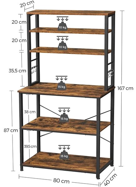 Kuchyňský regál se 6 háčky, rustikální hnědý
