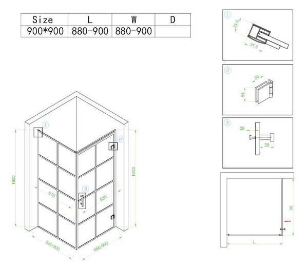 BPS-koupelny Čtvercový sprchový kout HYD-SK10B 90x90 černá/transparent - bez vaničky