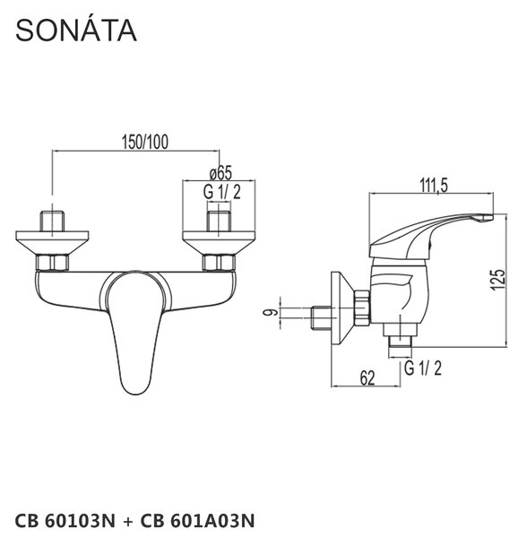 Mereo Mereo, Sprchová nástěnná baterie, Sonáta, bez příslušenství, chrom, CB60103N