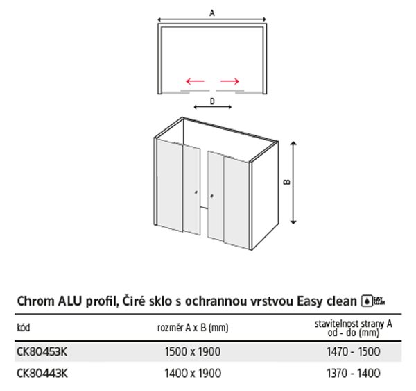 Mereo Mereo, Sprchové dveře, Lima, čtyřdílné, zasunovací, chrom ALU, sklo Čiré, CK80443K