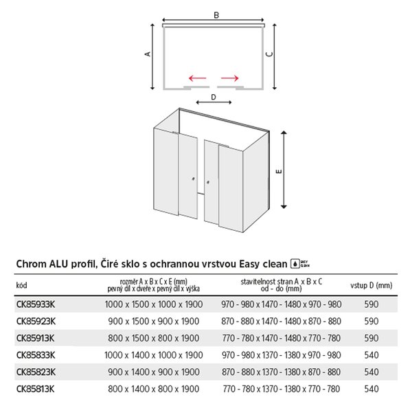 Mereo Mereo, Sprchový kout, Lima, obdélník, výška 190 cm, chrom ALU, sklo Čiré, CK85813K