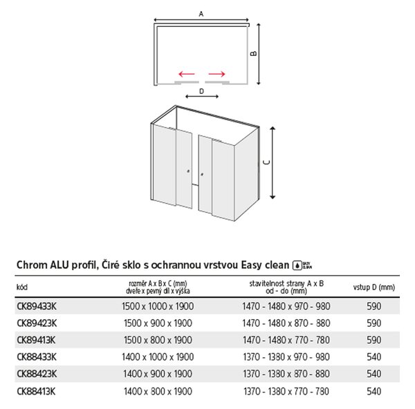 Mereo Mereo, Sprchový kout, Lima, obdélník, výša 190 cm, chrom ALU, sklo Čiré, CK88413K