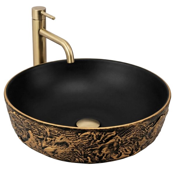 Keramické umyvadlo na desku REA BABILON GOLD ø 42 cm, černá/zlatá