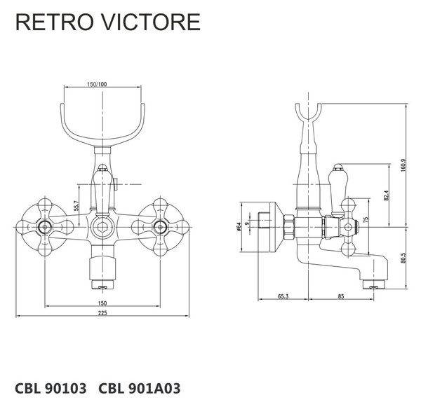 Mereo Mereo, Vanová nástěnná baterie, Retro Viktorie, 150 mm, bez příslušenství, chrom, CBL90103