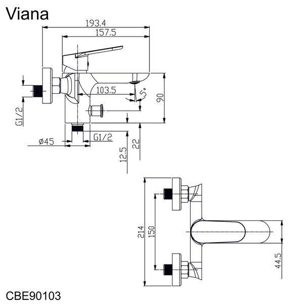 Mereo Mereo, Vanová nástěnná baterie, Viana, bez příslušenství, 150 mm, chrom, CBE90103