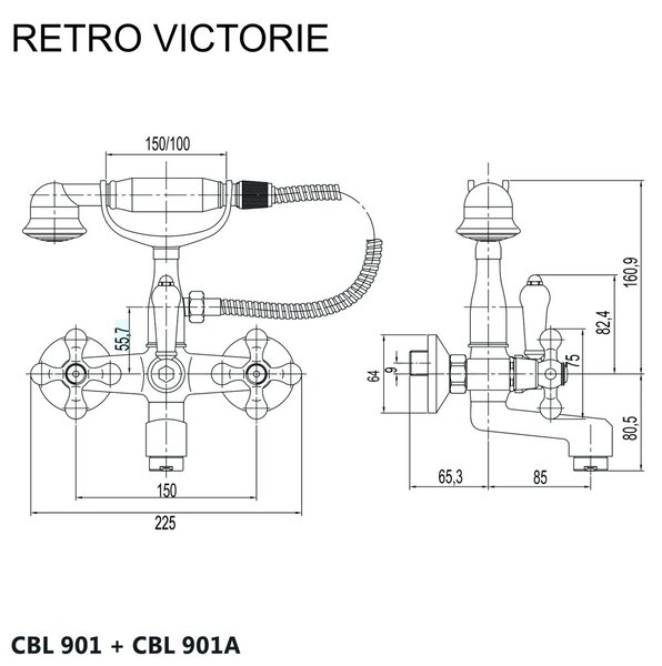 Mereo Mereo, Vanová nástěnná baterie, Retro Viktorie, 150 mm, s příslušenstvím, chrom, CBL901