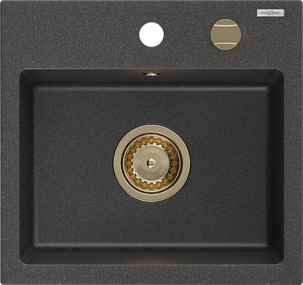 Mexen Milo, granitový dřez 435x410x171 mm, 1-komorový, černá skvrnitá se zlatým sifonem, 6505441000-76-G