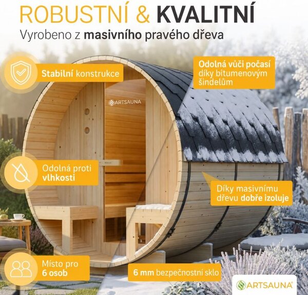 Zahradní sudová sauna pro 6 osob s kamny 8 kW a odpočívárnou