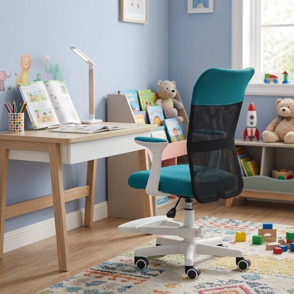 Dětská židle Neoseat MONKEY WHITE s podnoží — látka, bílá / tyrkysová