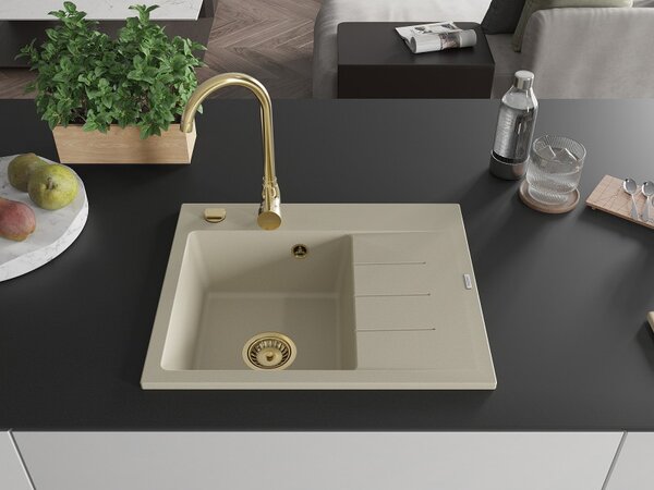 Mexen Ben, 1-komorový granitový dřez 600x500x190 mm, levý + zlatý sifon, béžová, 6522605000-69-G