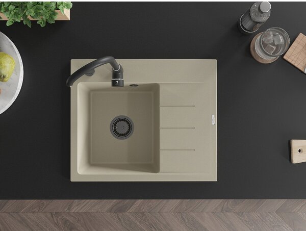 Mexen Ben, 1-komorový granitový dřez 600x500x190 mm, levý + černý sifon, béžová, 6522605000-69-B