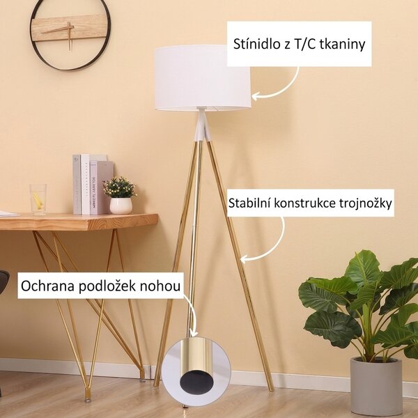 Stojací lampa trojnožka, zlatá-bílá, 144 cm B31-371