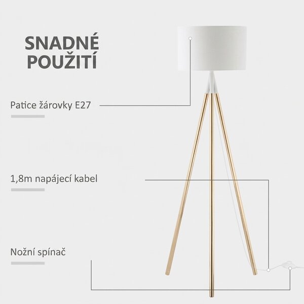Stojací lampa trojnožka, zlatá-bílá, 144 cm B31-371