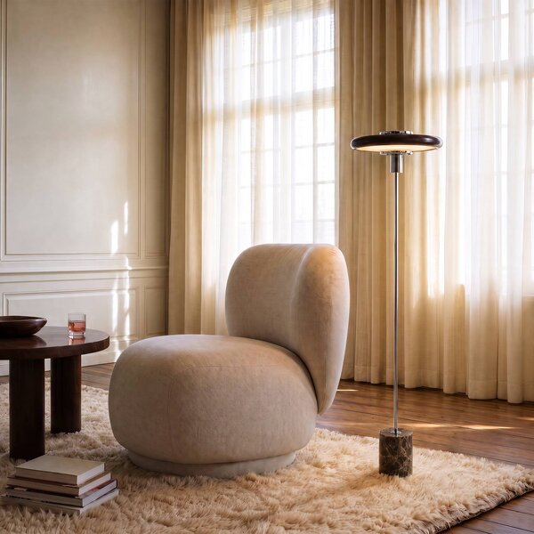 Lindby Stojací lampa Branford, retro, hnědá, kov/mramor, Hnědá / rez, Obývací pokoj / jídelna, kov, Vintage