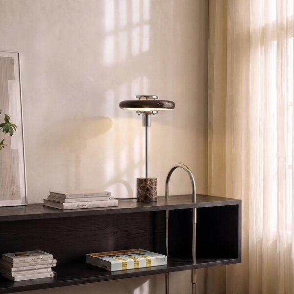 Lindby Stolní lampa Branford, retro, hnědá, sklo/mramor, Hnědá / rez, Obývací pokoj / jídelna, Sklo, Vintage