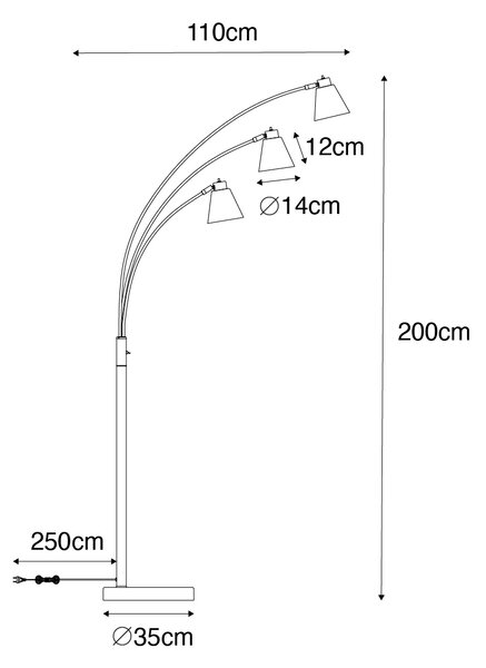 Oblouková lampa bronzová s mramorem a jantarovým sklem 3-světlo - Nina