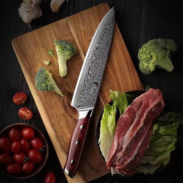 Japonský šéfkuchařský nůž z damaškové oceli SaKuRo Red Pakka 20,3 cm