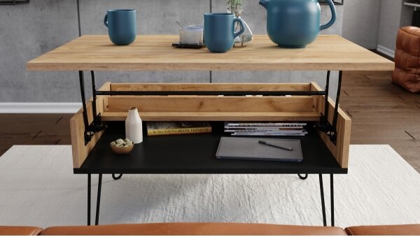 Konferenční stůl se zvedací deskou a policí HALIJA 90x60 cm dub craft/černá