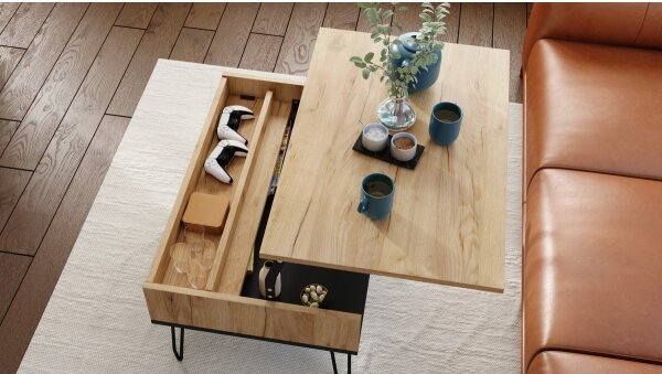 Konferenční stůl se zvedací deskou a policí HALIJA 90x60 cm dub craft/černá