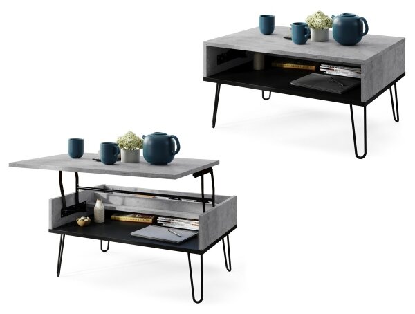 Konferenční stůl se zvedací deskou a policí HALIJA 90x60 cm šedá beton/černá