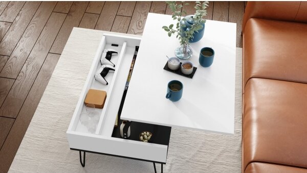 Konferenční stůl se zvedací deskou a policí HALIJA 90x60 cm bílá/černá
