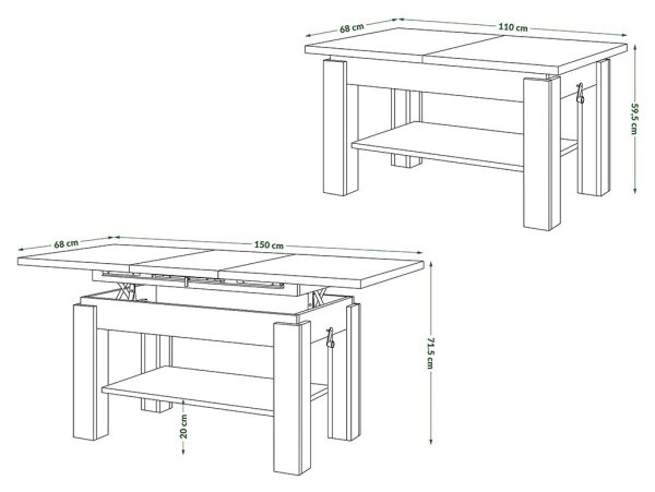 Rozkládací konferenční s policí ADONIS 110/150x68 cm dub craft/černá