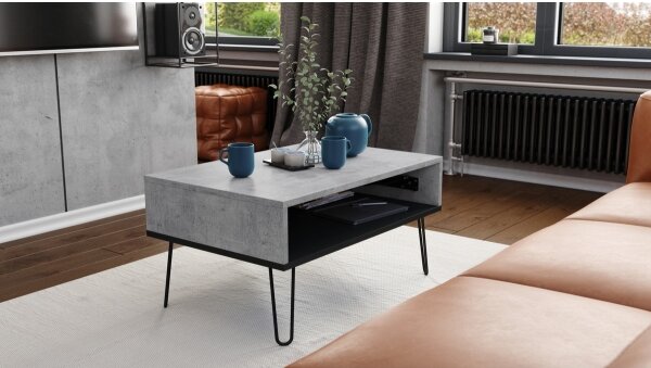 Konferenční stůl se zvedací deskou a policí HALIJA 90x60 cm šedá beton/černá