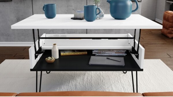 Konferenční stůl se zvedací deskou a policí HALIJA 90x60 cm bílá/černá