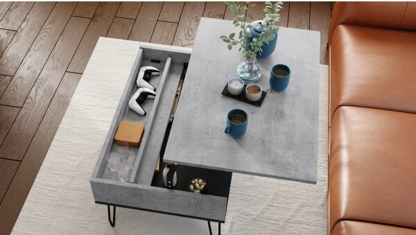 Konferenční stůl se zvedací deskou a policí HALIJA 90x60 cm šedá beton/černá