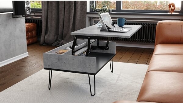 Konferenční stůl se zvedací deskou a policí HALIJA 90x60 cm šedá beton/černá