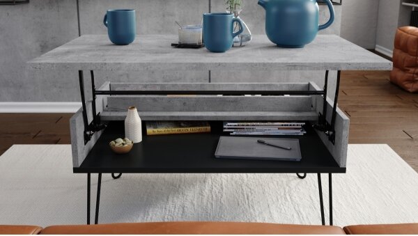 Konferenční stůl se zvedací deskou a policí HALIJA 90x60 cm šedá beton/černá
