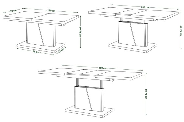 Rozkl. konfer./jídel. stůl se zved. desk. NINO 120/150/180x70 cm dub craft/černá