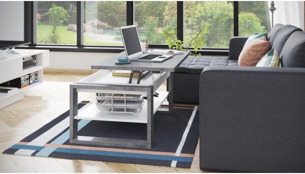 Konferenční stůl se zvedací deskou a policí NEA 110x65 cm beton/bílá
