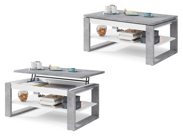 Konferenční stůl se zvedací deskou a policí NEA 110x65 cm beton/bílá